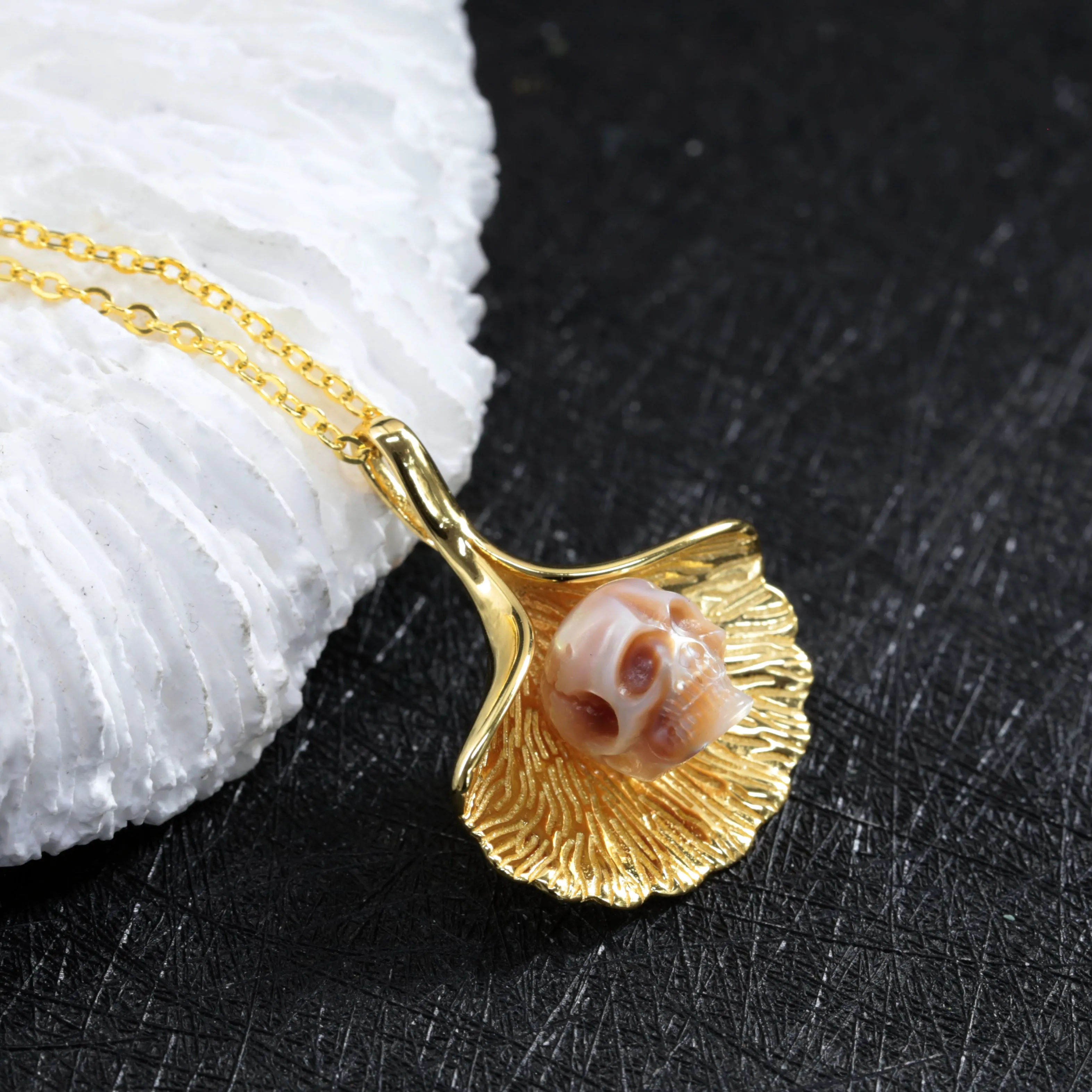 Ginkgo Leaf Pearl Skull Necklace