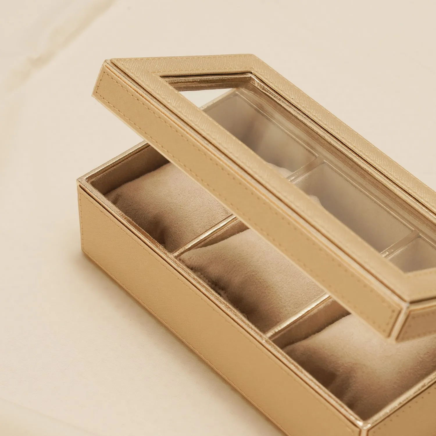 Gold 3 Compartment Faux Leather Watch Box