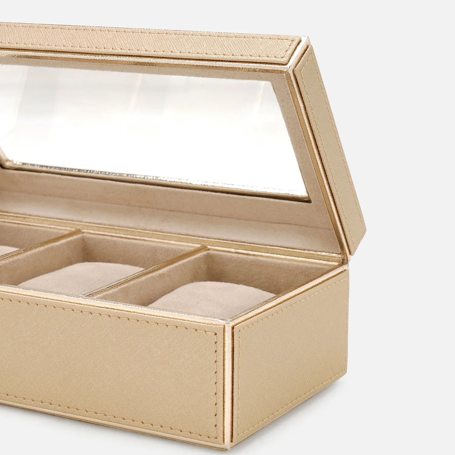 Gold 3 Compartment Faux Leather Watch Box
