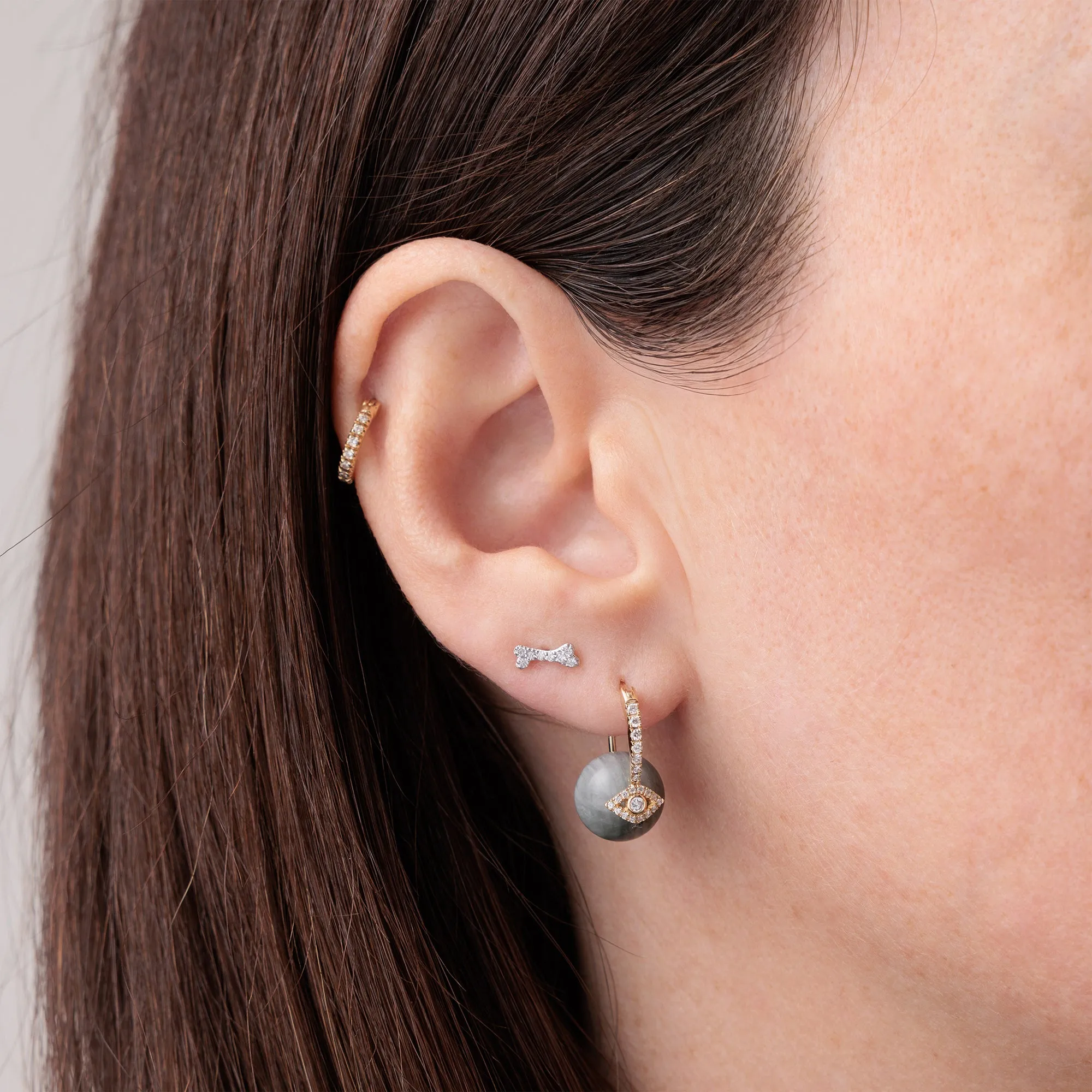Gold & Diamond Eye Grey Cat's Eye Earrings