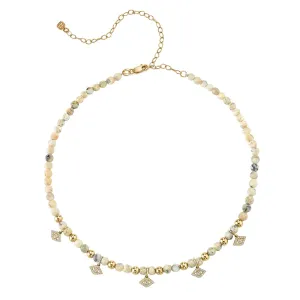 Gold & Diamond Multi Bezel Eye Charm Necklace on African Opal
