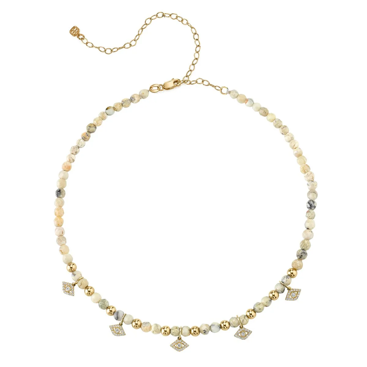 Gold & Diamond Multi Bezel Eye Charm Necklace on African Opal