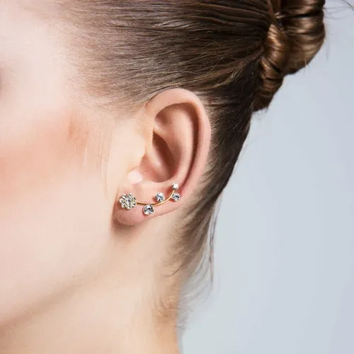 Gold Brass Flower Ear Cuffs & Climber Earrings with CZ Crystals - Handmade, 18K Plated, 0.78" Length - Gifts Under $50