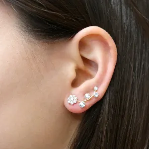 Gold Brass Flower Ear Cuffs & Climber Earrings with CZ Crystals - Handmade, 18K Plated, 0.78" Length - Gifts Under $50