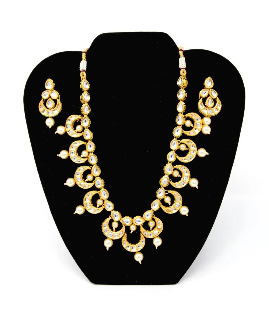 Gold Kundan Necklace Set With Earrings and Pearl Drops