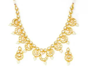 Gold Kundan Necklace Set With Earrings and Pearl Drops
