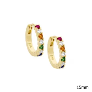 Gold Plated Sterling Silver Hoop Earrings with Multi Colour Cubic Zirconias 14mm E590G