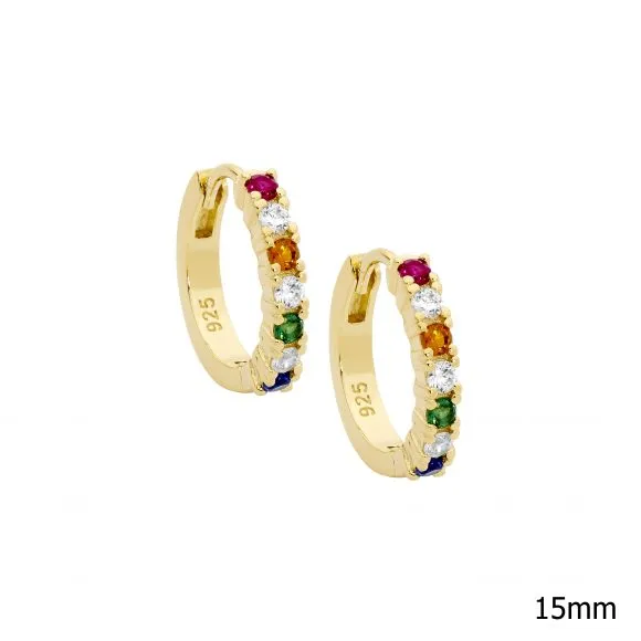Gold Plated Sterling Silver Hoop Earrings with Multi Colour Cubic Zirconias 14mm E590G