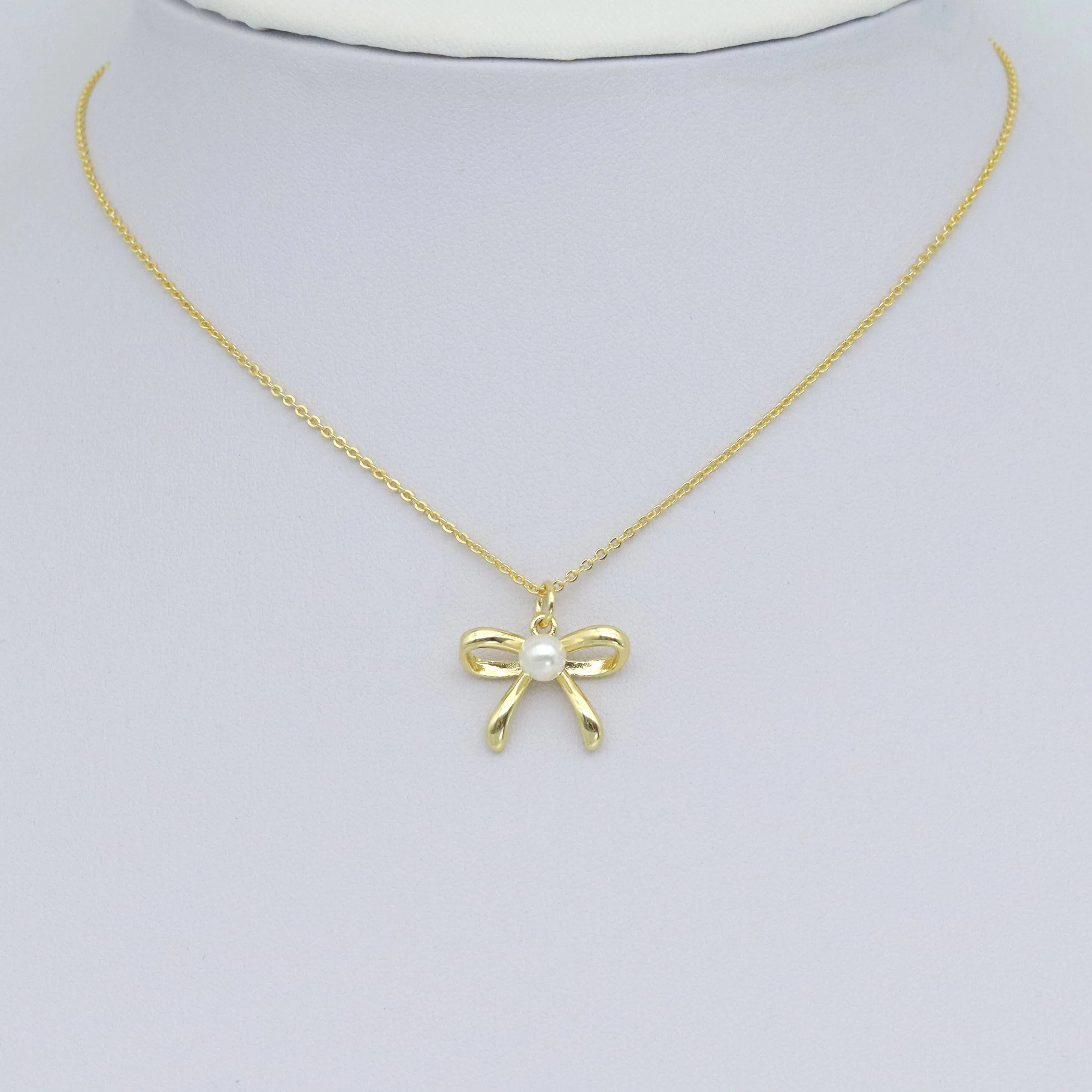 Gold White Pearl Bowknot Charm Pendant, Sku#LK963