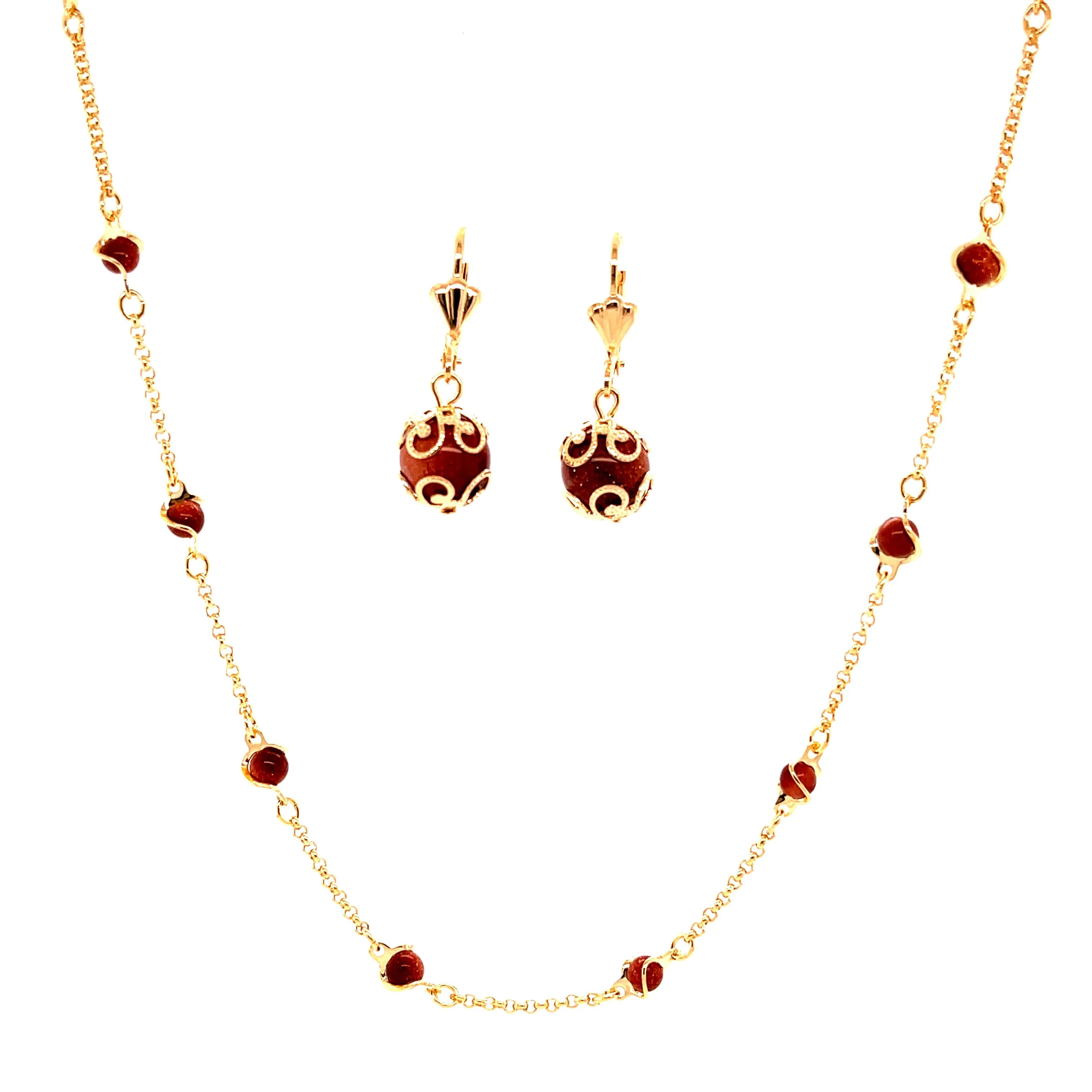 Goldstone Red Aventurine Rolo Chain Necklace and 1cm Earrings