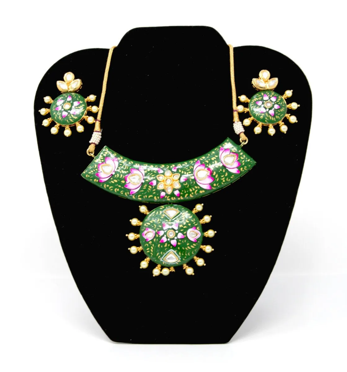 Green Meenakari Gold Necklace Set with Earrings