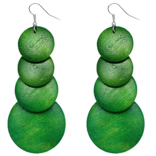 Green Wooden Round Disc Cascade Earrings