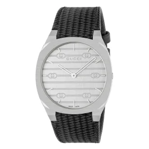 Gucci 25H Quartz Silver Brass Dial Leather Unisex Watch YA163419