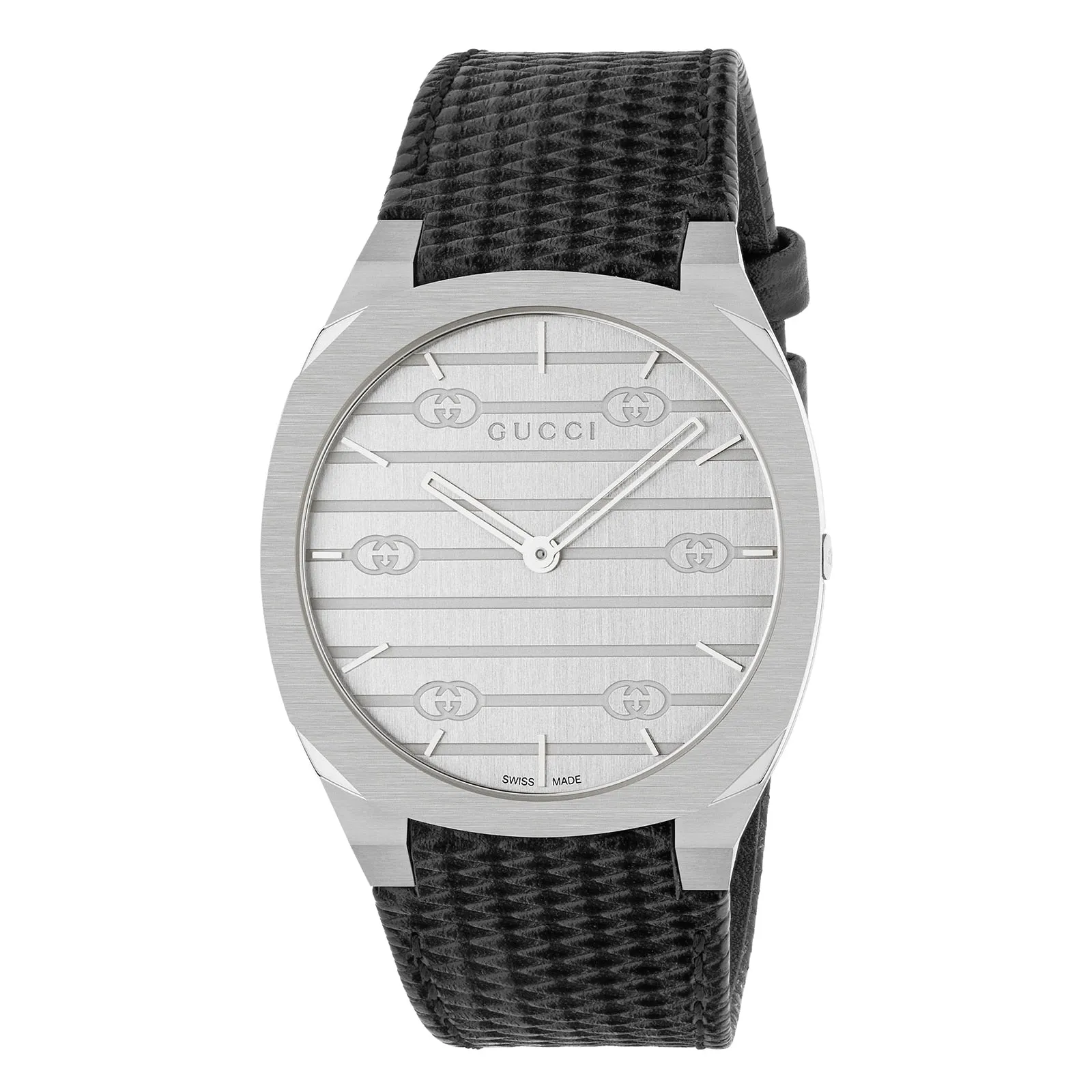 Gucci 25H Quartz Silver Brass Dial Leather Unisex Watch YA163419