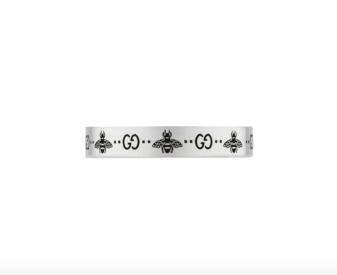 Gucci GG and Bee Engraved Aged Silver Ring Size 9
