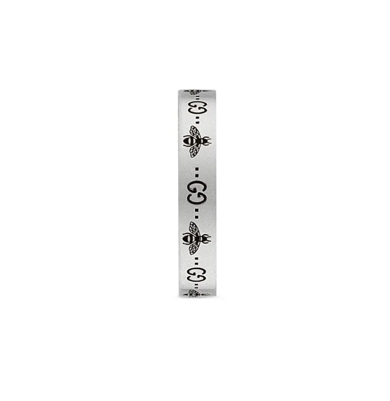 Gucci GG and Bee Engraved Aged Silver Ring Size 9