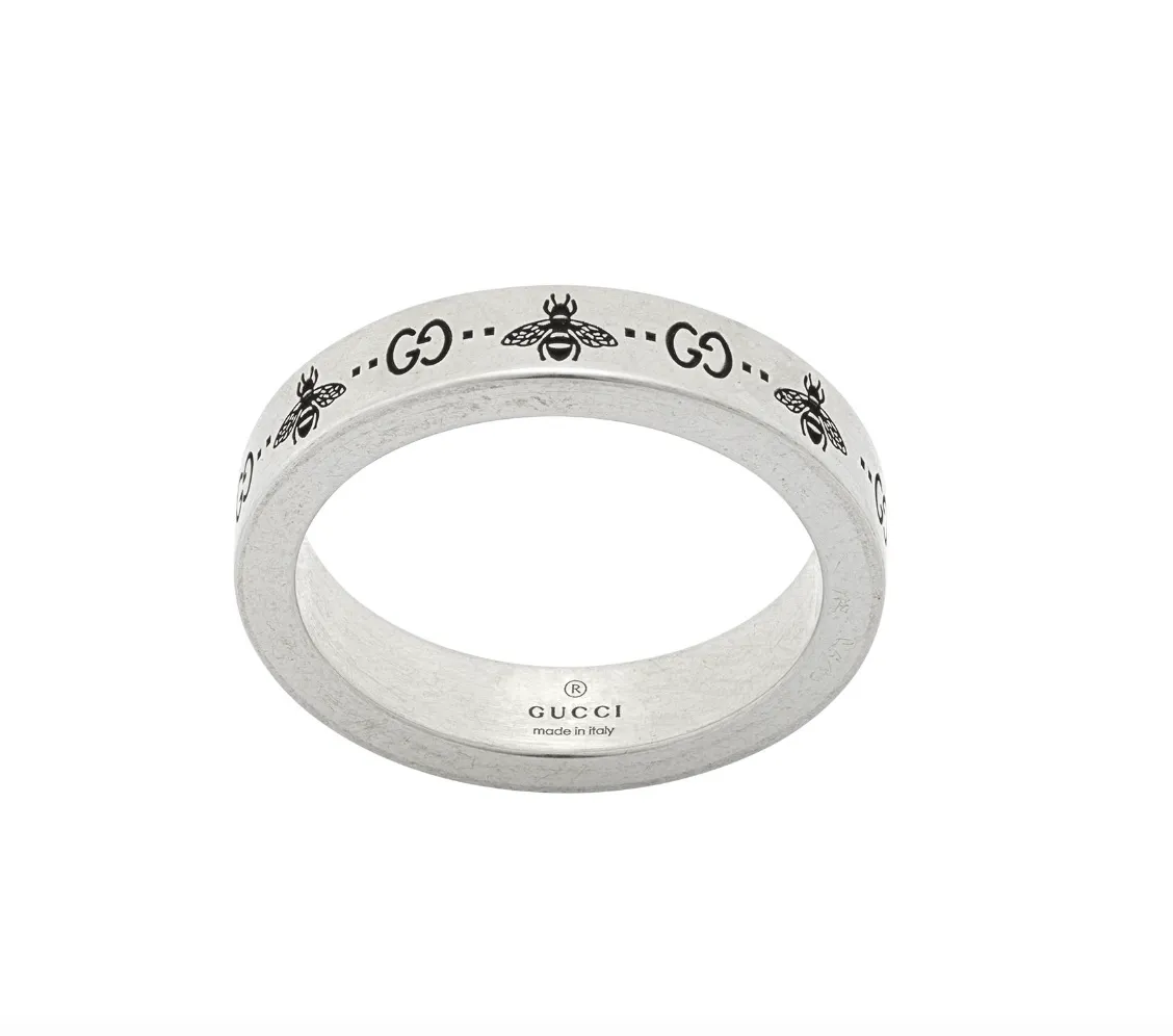 Gucci GG and Bee Engraved Aged Silver Ring Size 9