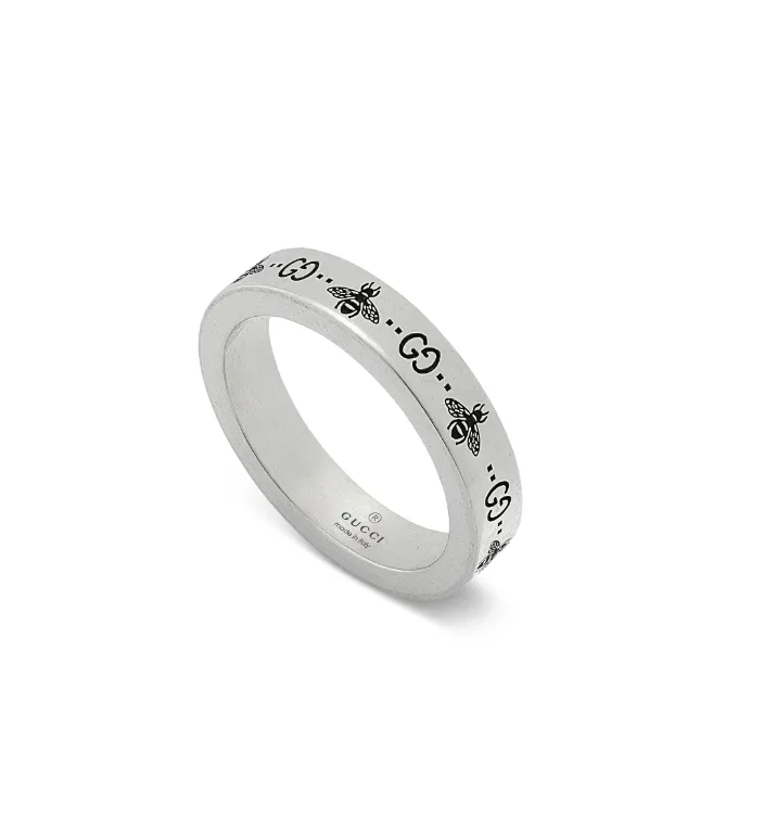 Gucci GG and Bee Engraved Aged Silver Ring Size 9