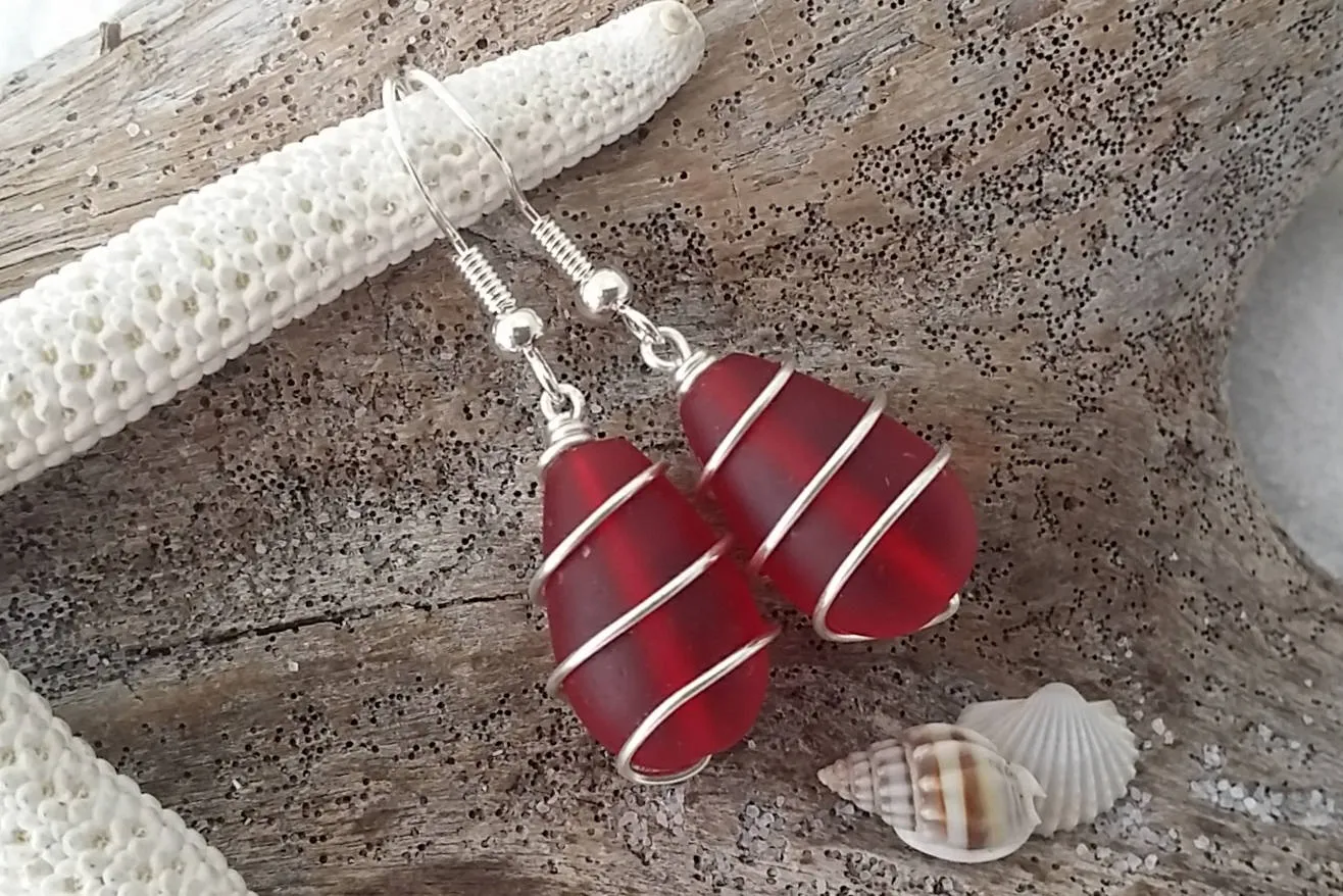 Hawaiian Jewelry Sea Glass Earrings, Wire Ruby Earrings Red Earrings, Unique Earrings Beach Jewelry Birthday Gift (July Birthstone Jewelry)