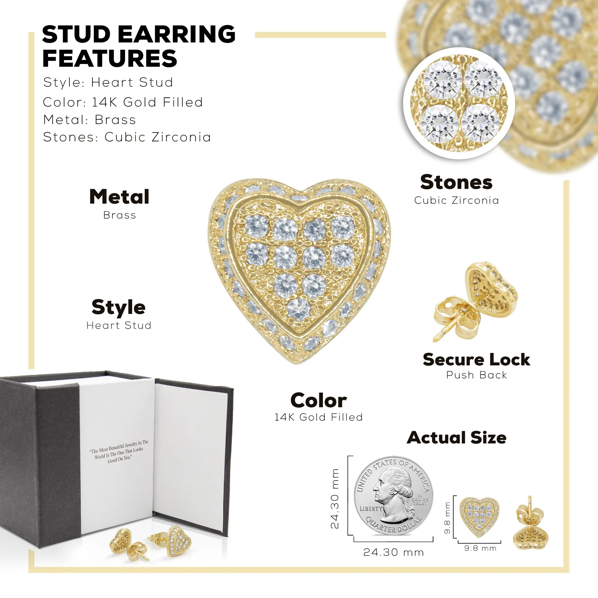 Heart 6 Cubic Zirconia Earrings 14K Gold Filled Silver Hip Hop Studs Jewelry Women