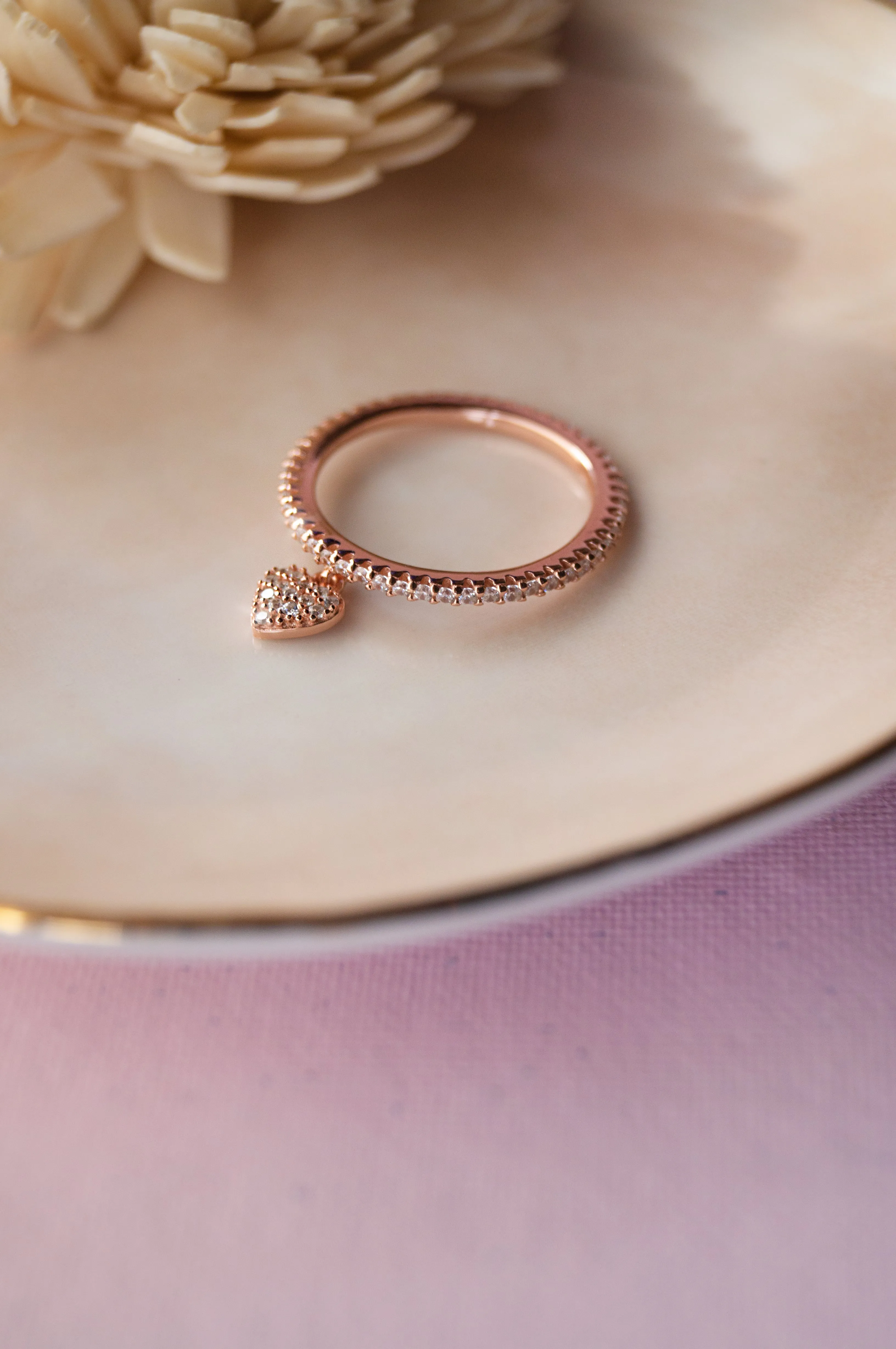 Heart Charm Rose Gold Plated Sterling Silver Ring