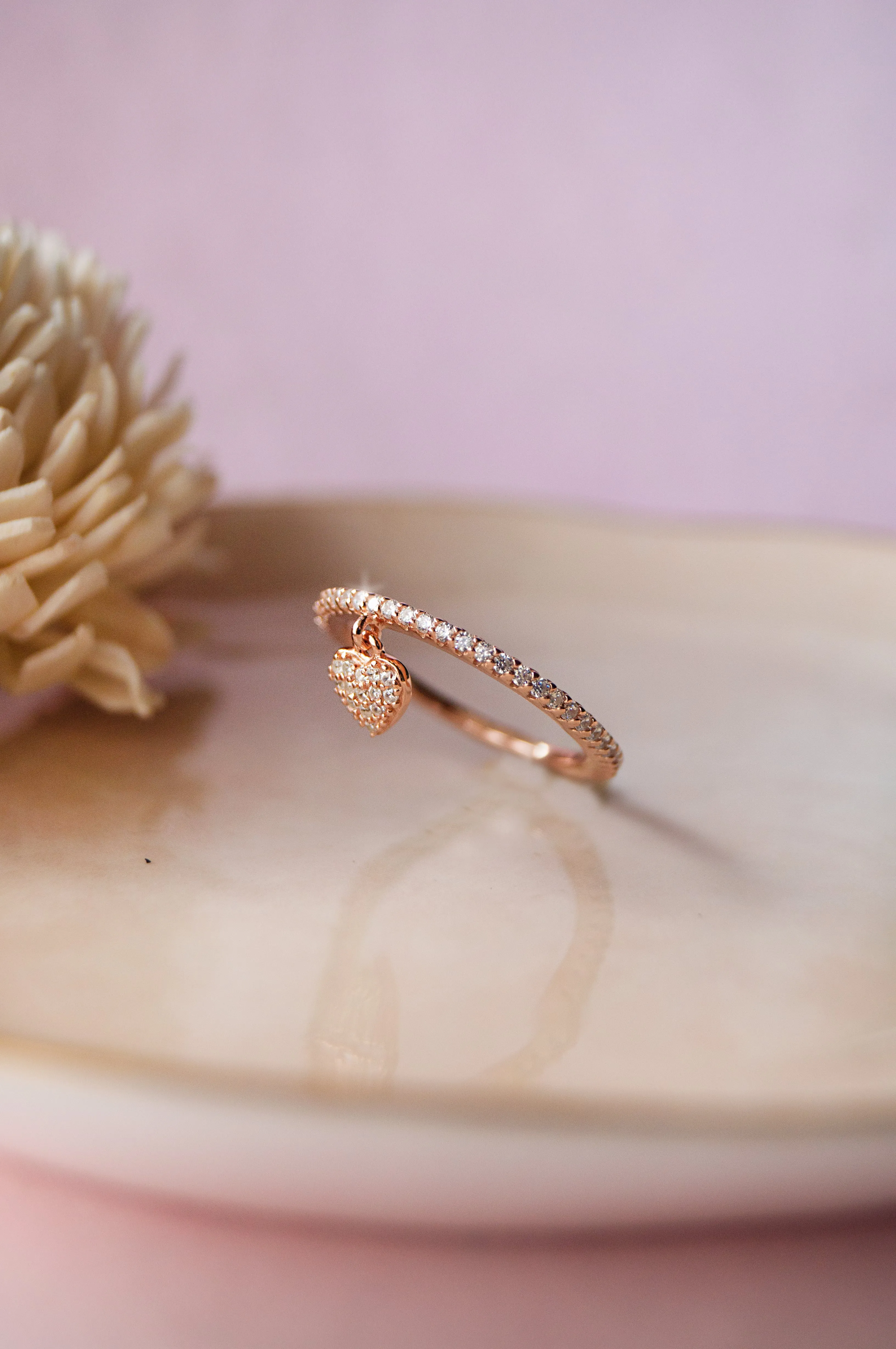 Heart Charm Rose Gold Plated Sterling Silver Ring