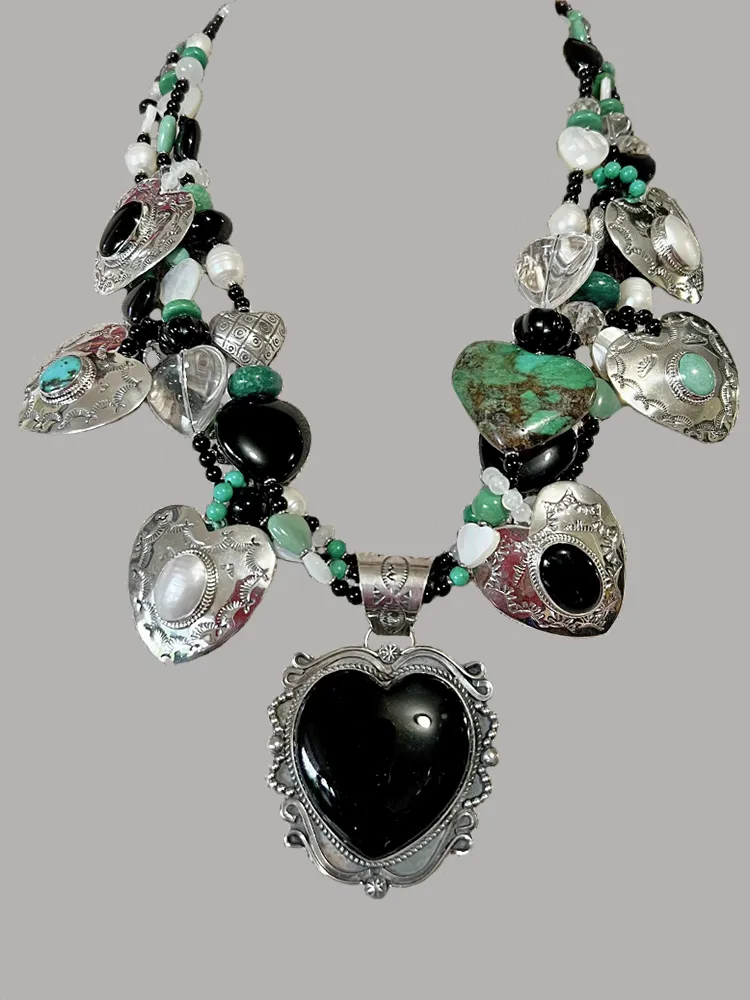 Heart Necklace, Onyx   Turquoise, by Kim Yubeta