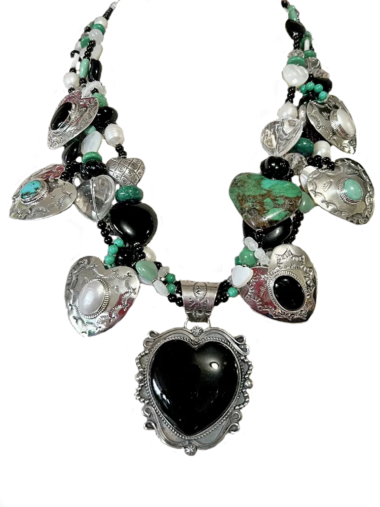 Heart Necklace, Onyx   Turquoise, by Kim Yubeta