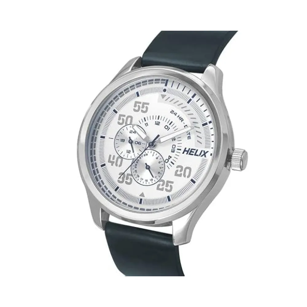 Helix By Timex Silver Round Analog Leather Watch Men -TW043HG07