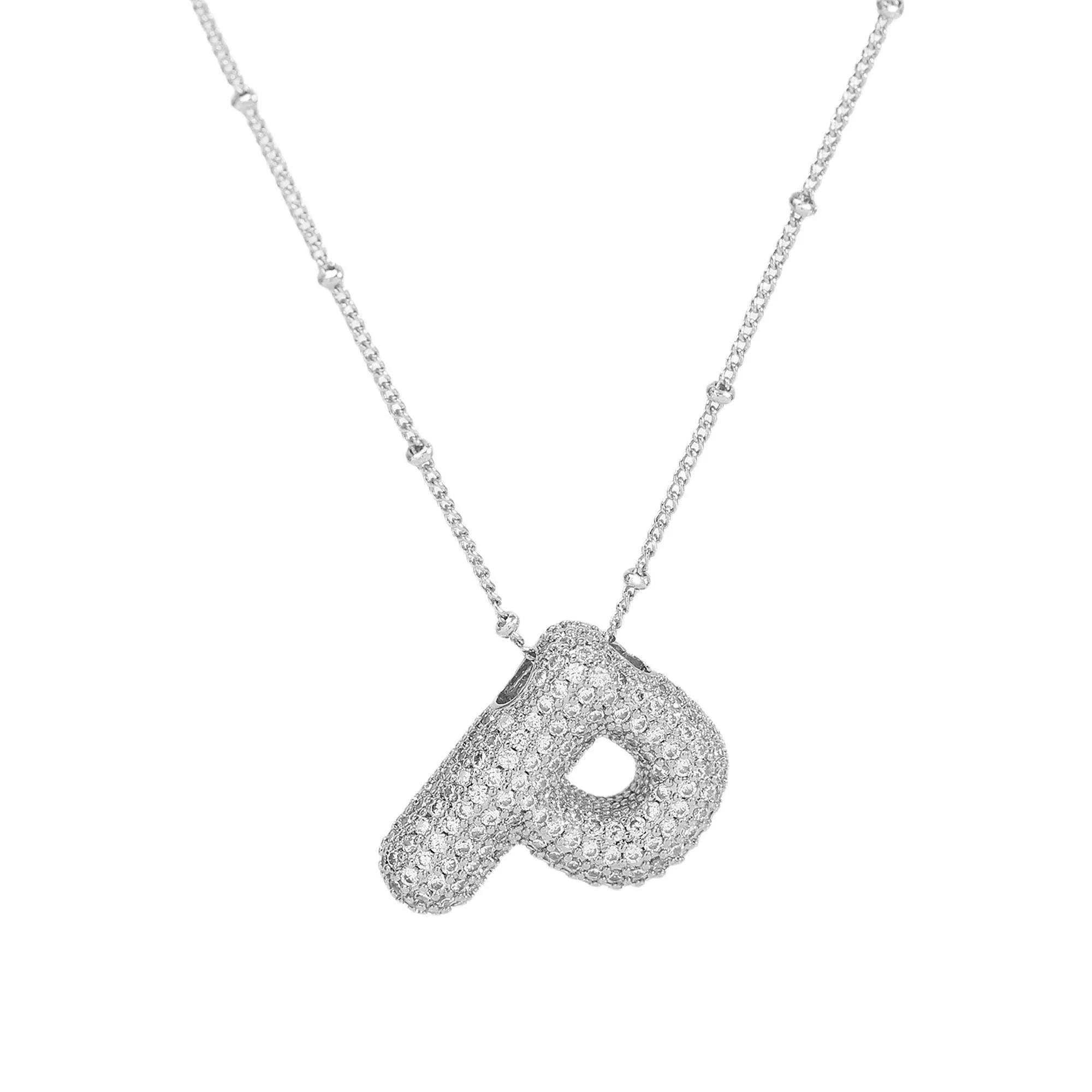Initial CZ Balloon Bubble Sterling Silver Necklace: R