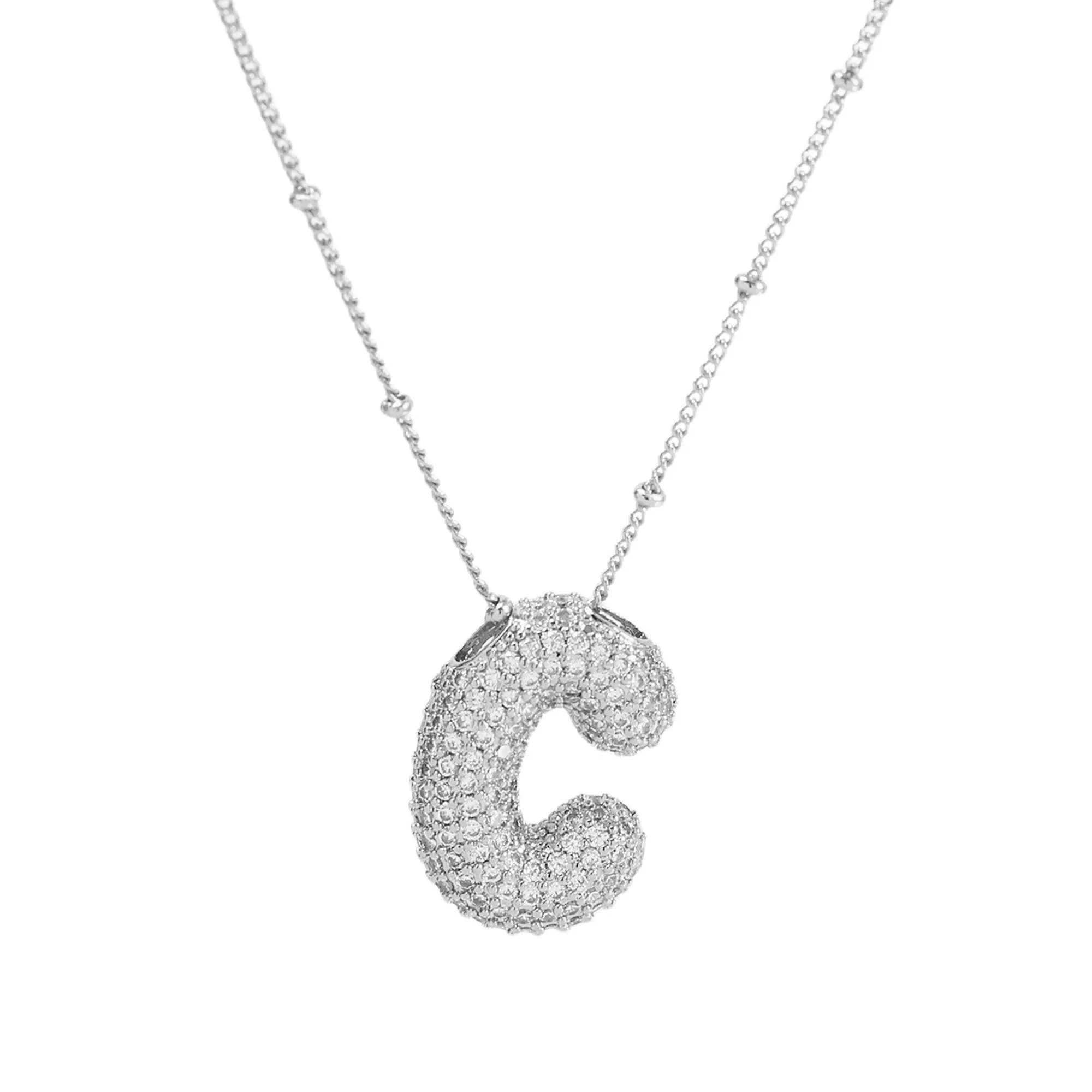 Initial CZ Balloon Bubble Sterling Silver Necklace: R