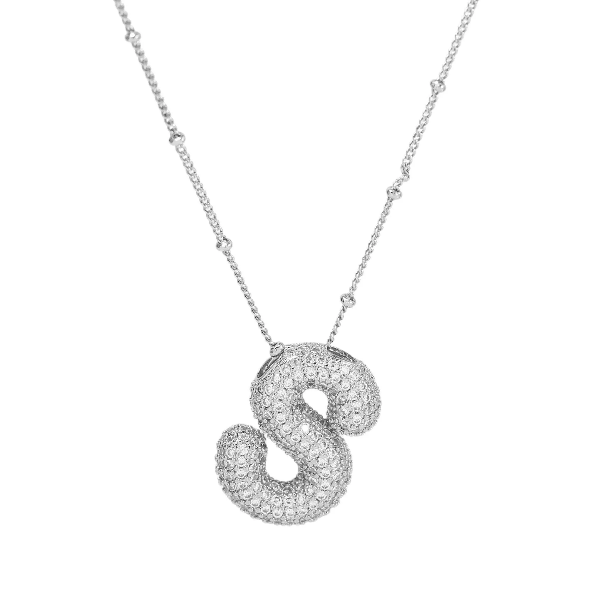 Initial CZ Balloon Bubble Sterling Silver Necklace: R