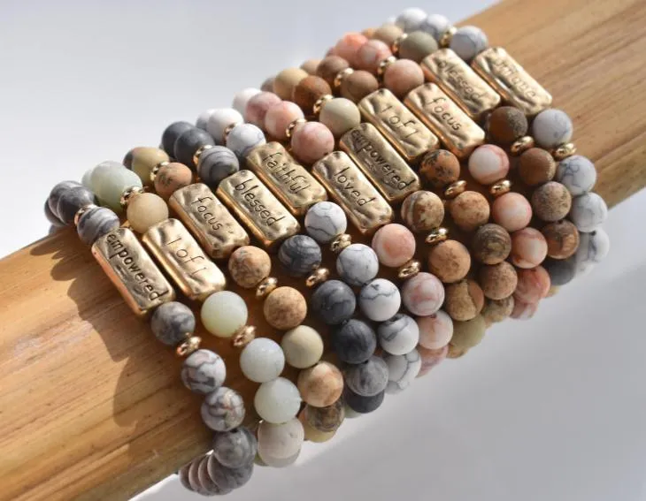 Inspirational Natural Stone Bracelet Engraved Charm