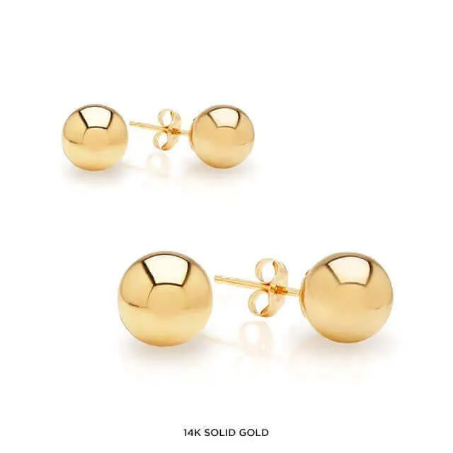 JewelMore 14-Karat Solid Gold Ball Stud Earrings 6MM