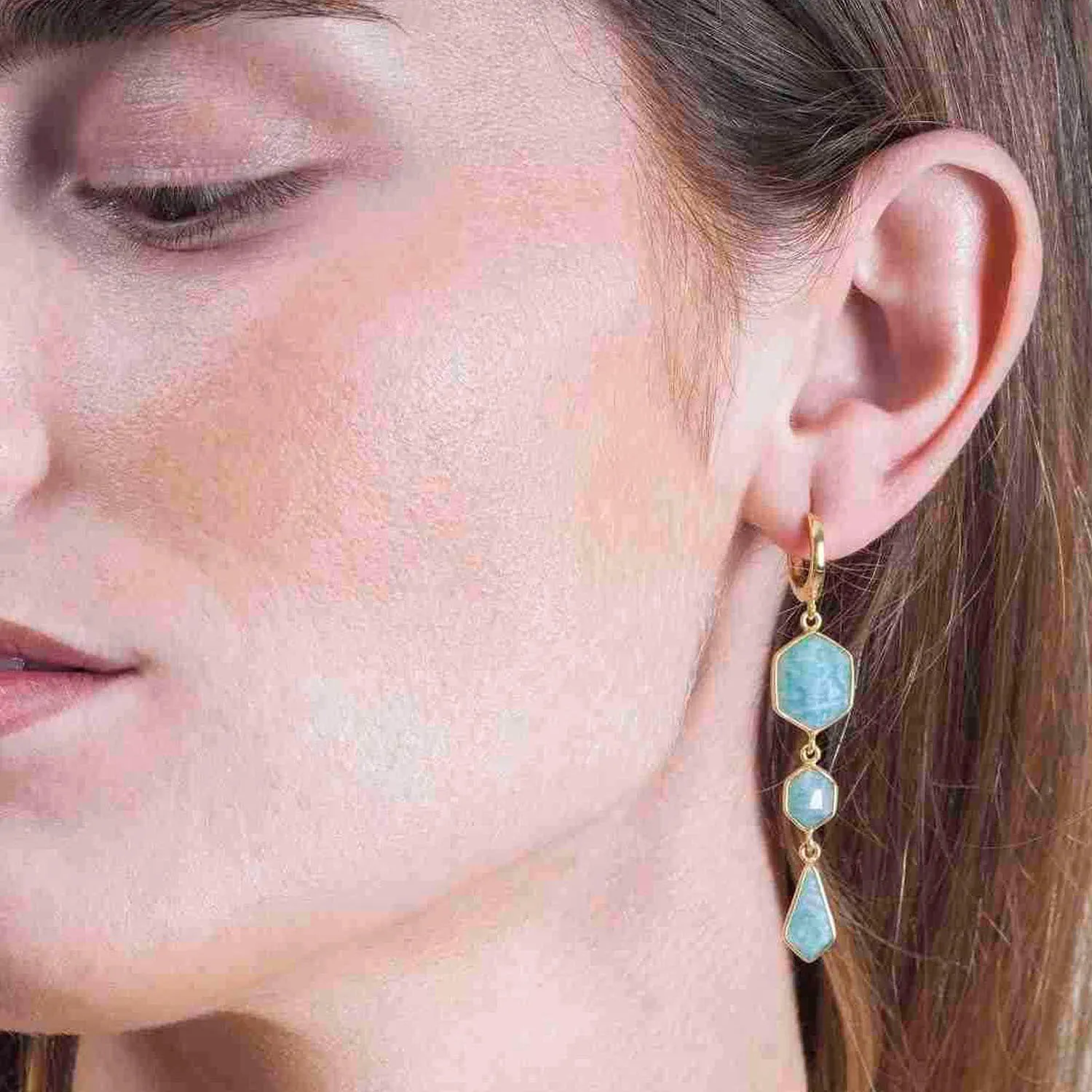 Jorge Revilla Sterling Silver 18k Yellow Gold Vermeil Geo Drop Amazonite Earrings – PE129-92/AZO