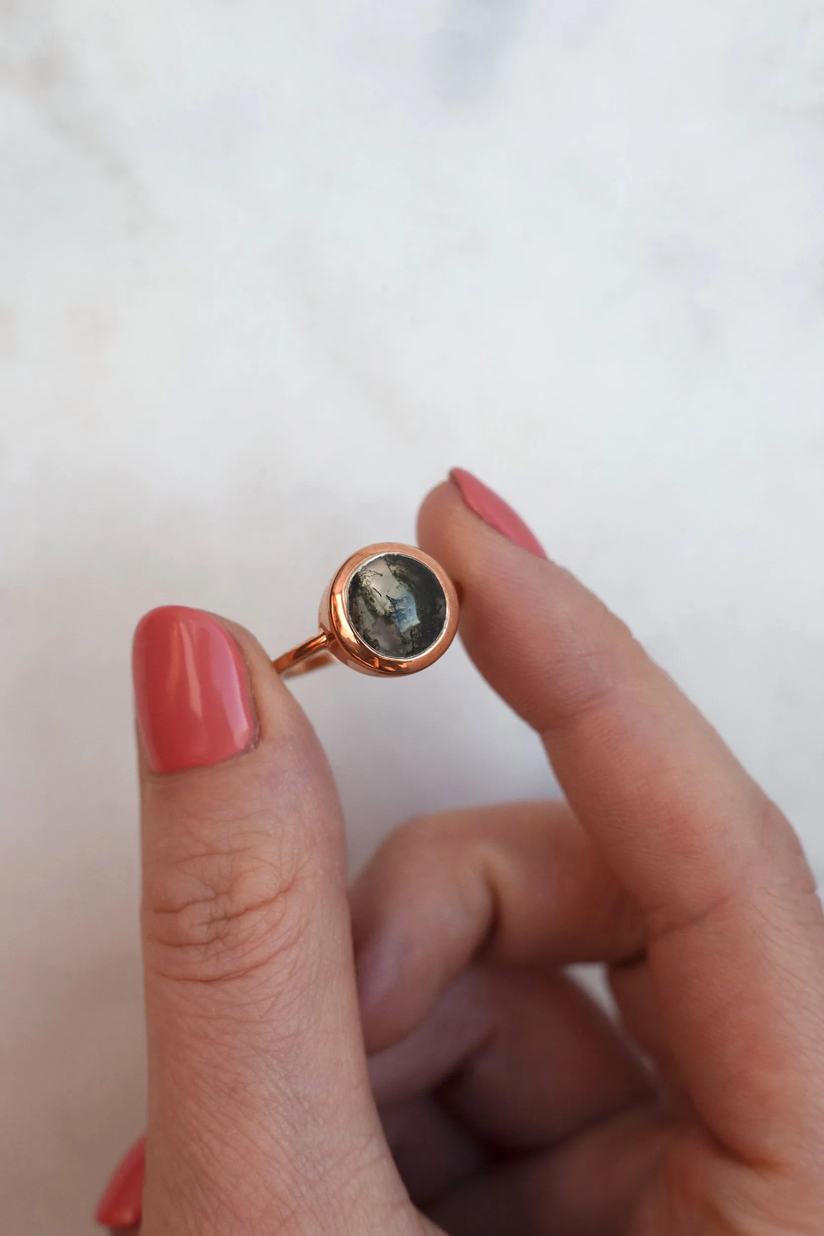 Juno Round Moss Agate Solitaire Ring