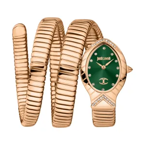 Just Cavalli Snake Shape Women's Watch - Rose Gold Color Case, Dark Green Dial, Rose Gold Color Bracelet