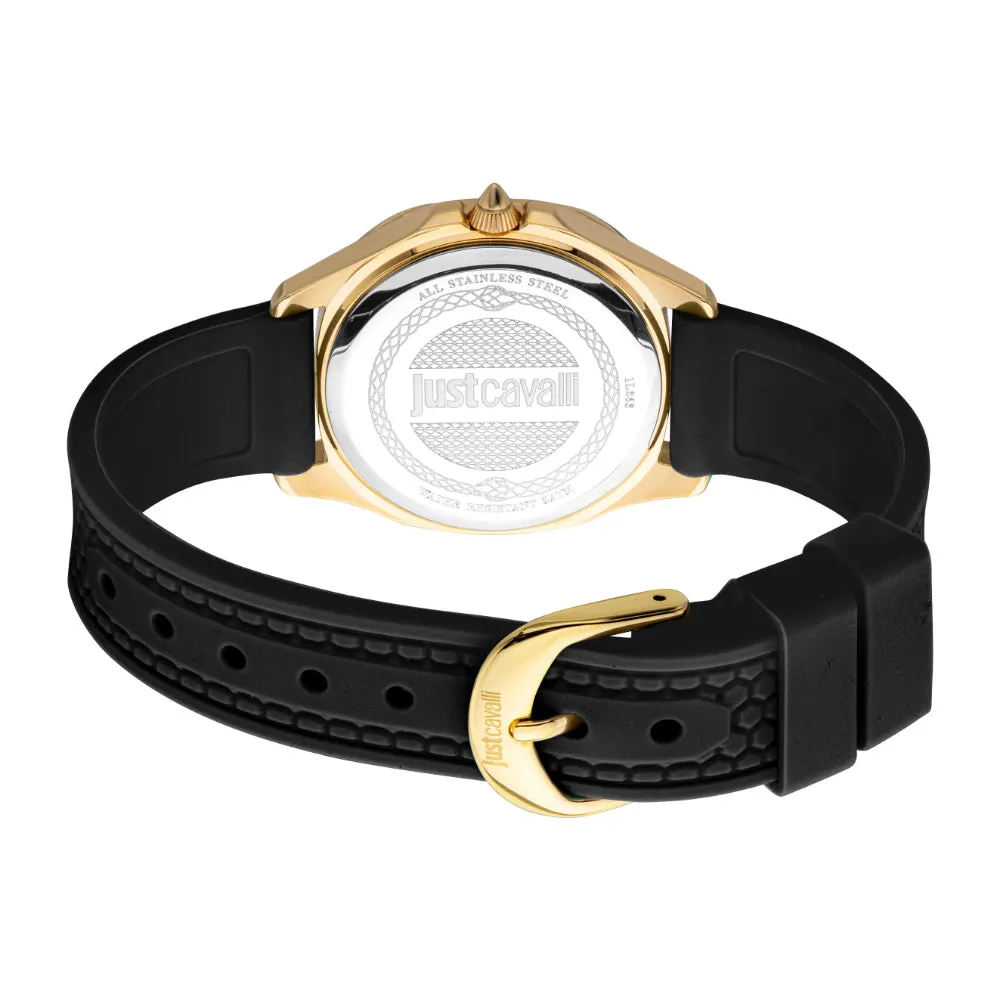 Just Cavalli Women's Gold Color Watch with Black Dial and Black Silicone Strap