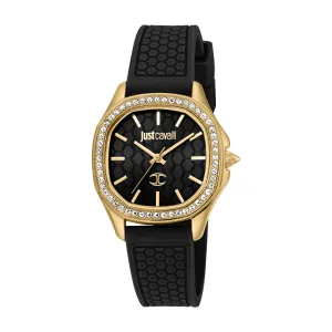 Just Cavalli Women's Gold Color Watch with Black Dial and Black Silicone Strap