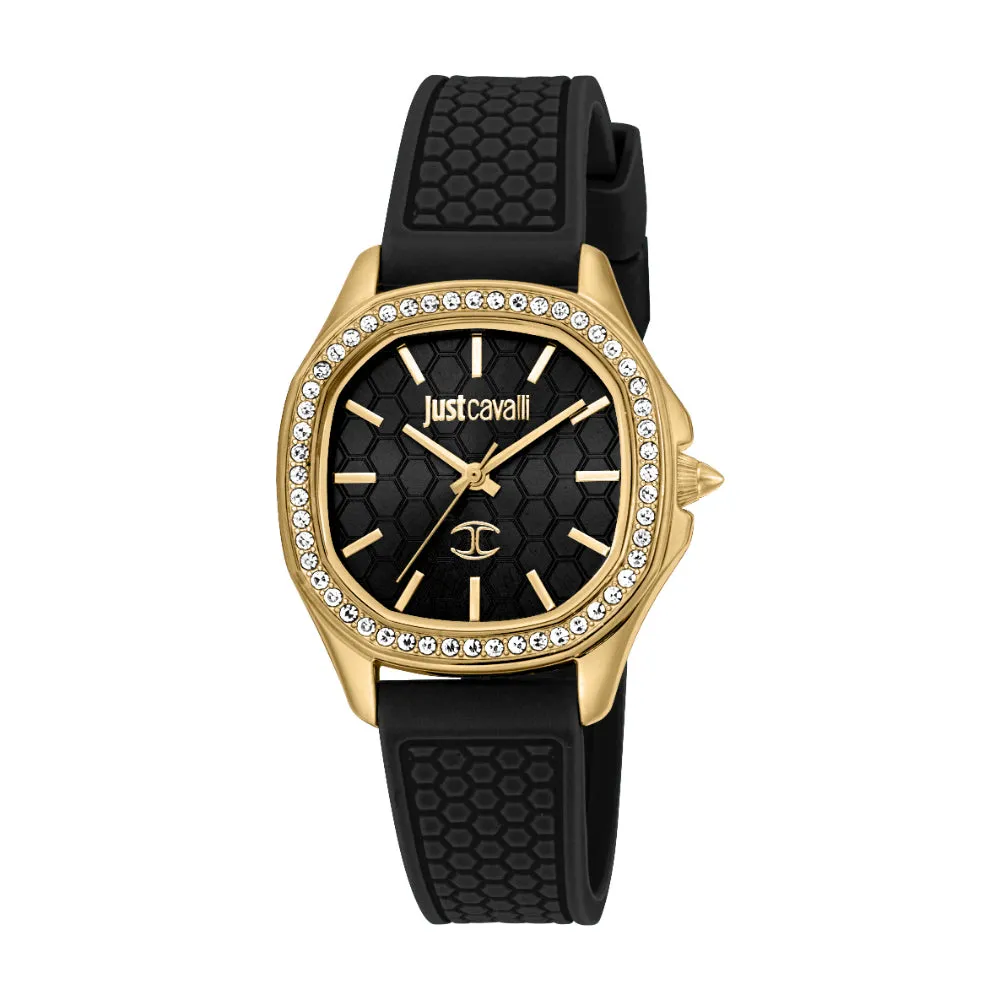 Just Cavalli Women's Gold Color Watch with Black Dial and Black Silicone Strap
