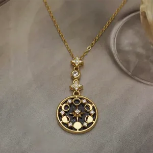 Korean Fashion Blue Sandstone Star Moon Design Pendant Necklace for Women 2024 New Stainless Steel Necklace Jewelry Accessories