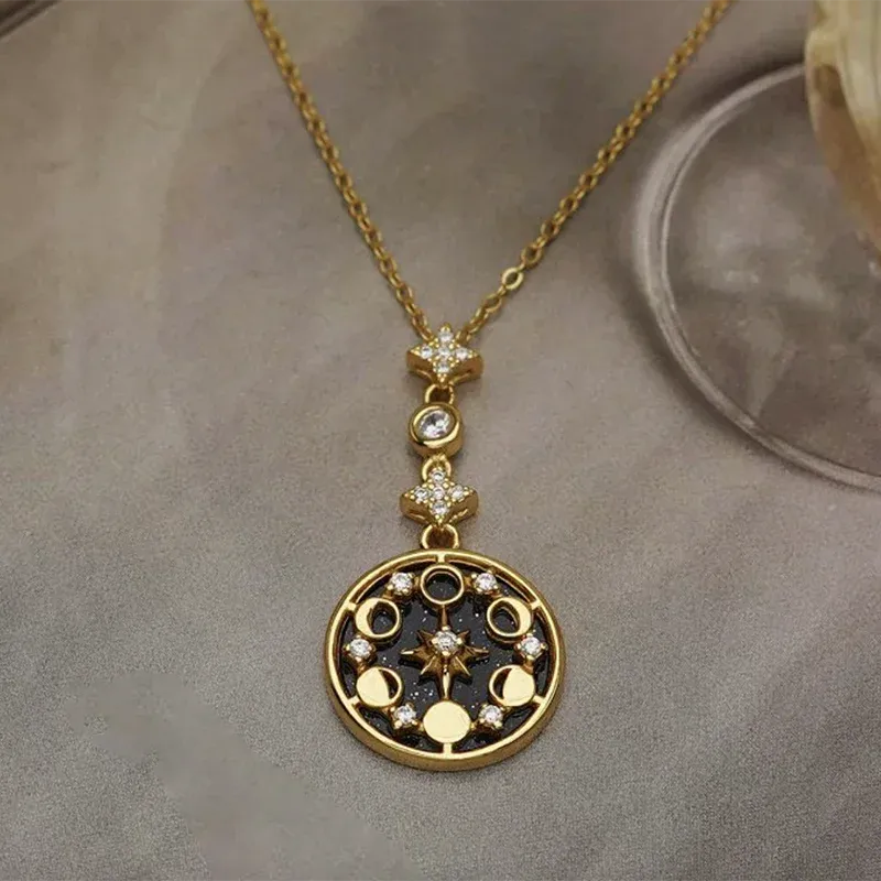Korean Fashion Blue Sandstone Star Moon Design Pendant Necklace for Women 2024 New Stainless Steel Necklace Jewelry Accessories