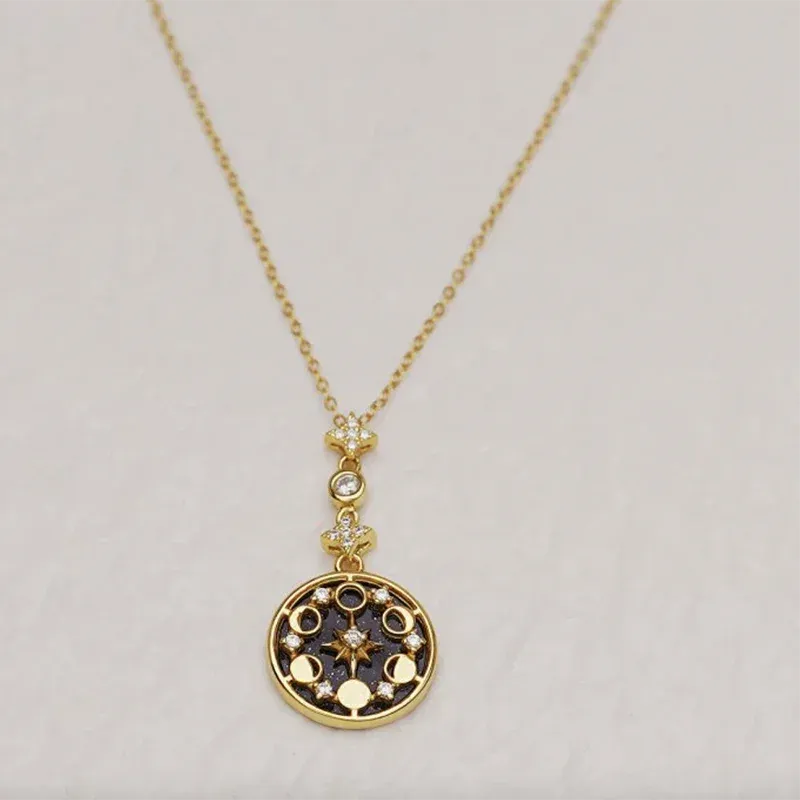 Korean Fashion Blue Sandstone Star Moon Design Pendant Necklace for Women 2024 New Stainless Steel Necklace Jewelry Accessories