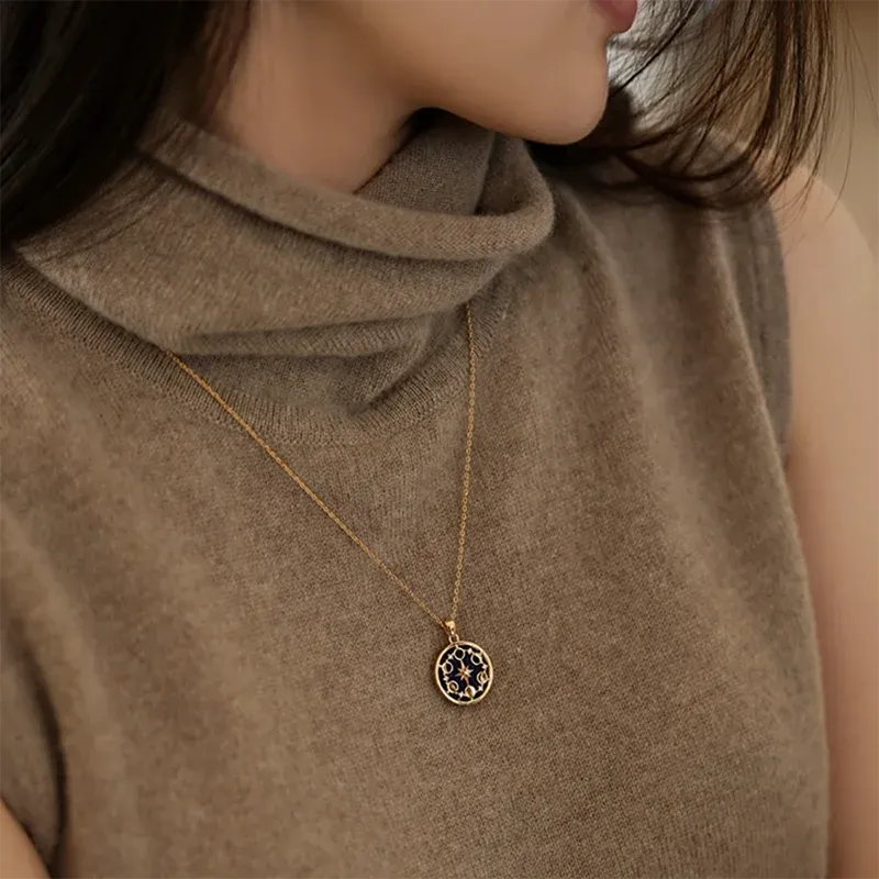 Korean Fashion Blue Sandstone Star Moon Design Pendant Necklace for Women 2024 New Stainless Steel Necklace Jewelry Accessories