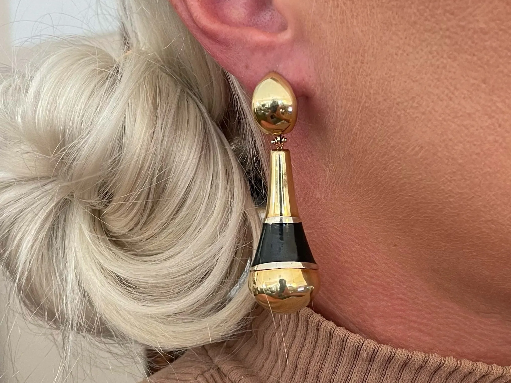 Large Black Enamel and Gold Dangle Earrings in 14k Yellow Gold