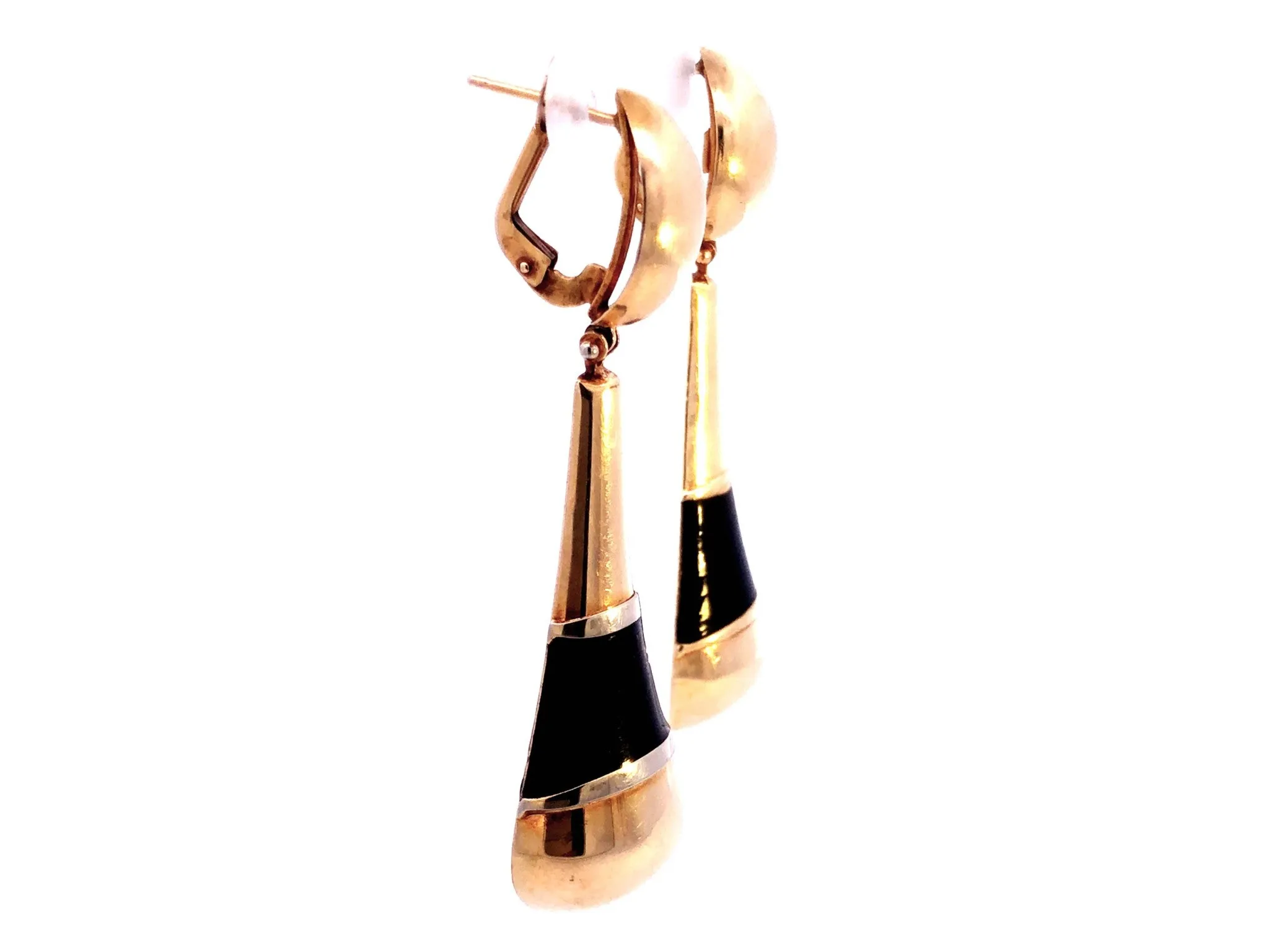 Large Black Enamel and Gold Dangle Earrings in 14k Yellow Gold