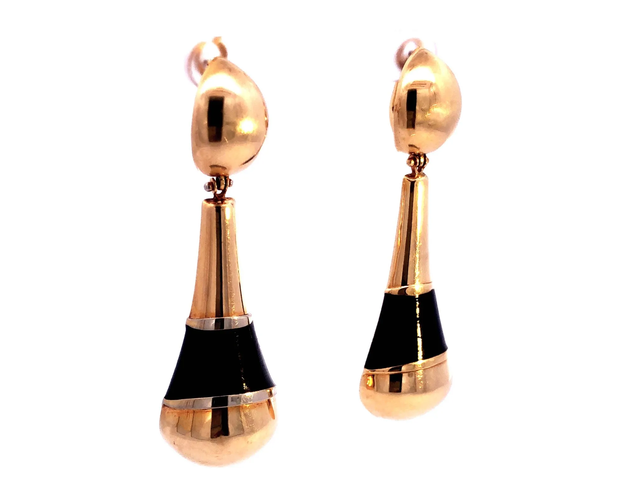Large Black Enamel and Gold Dangle Earrings in 14k Yellow Gold