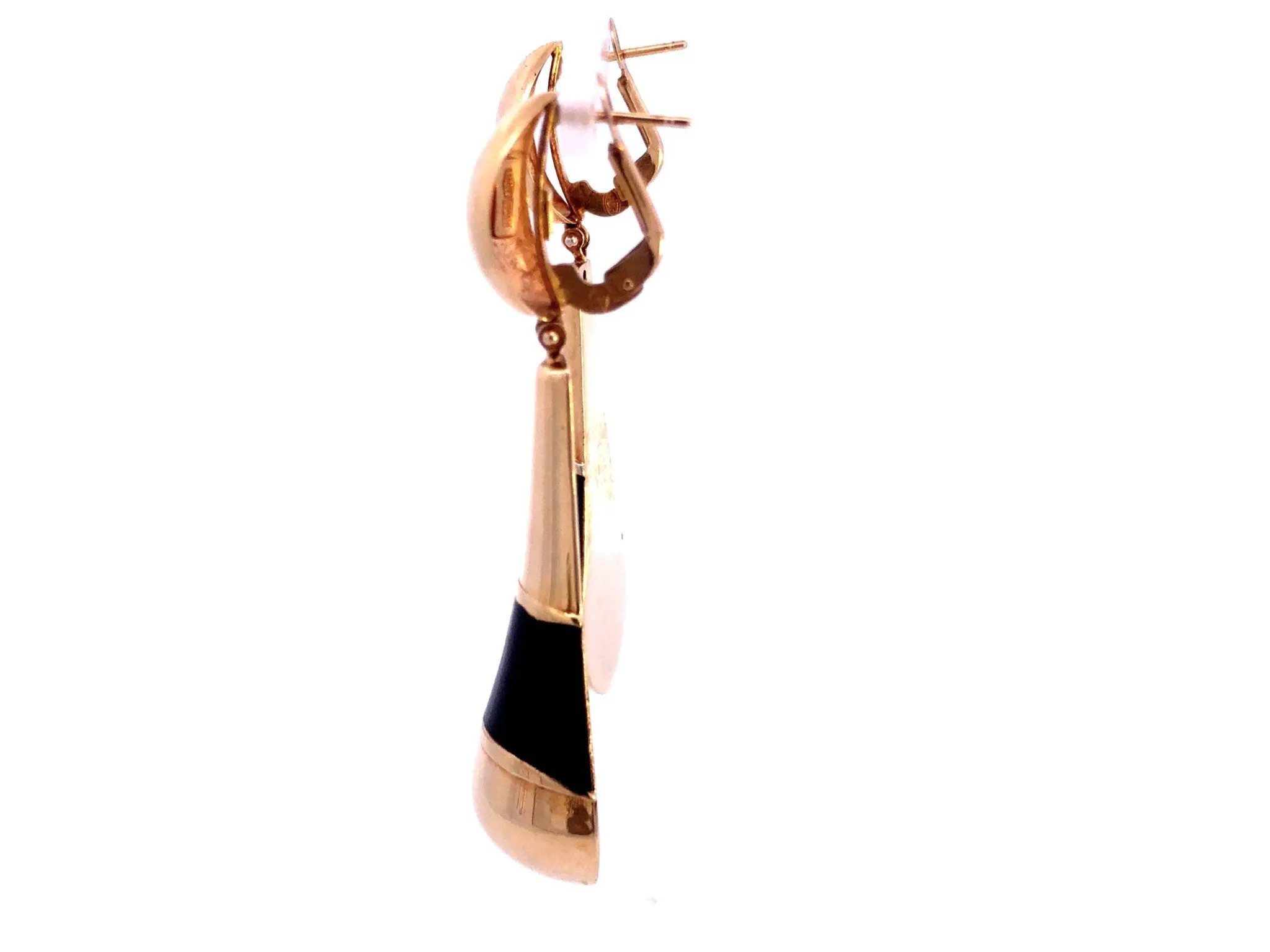 Large Black Enamel and Gold Dangle Earrings in 14k Yellow Gold