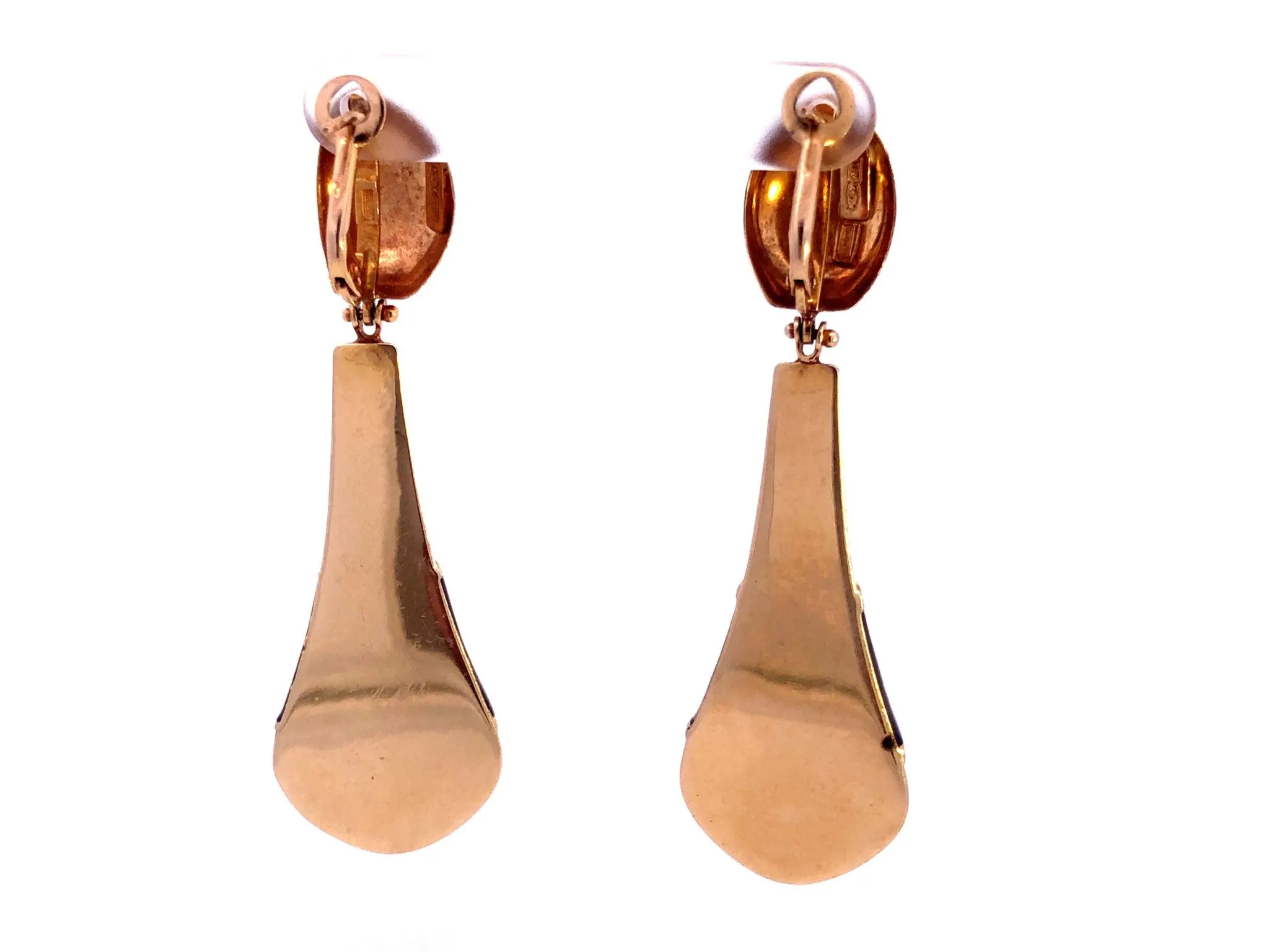 Large Black Enamel and Gold Dangle Earrings in 14k Yellow Gold