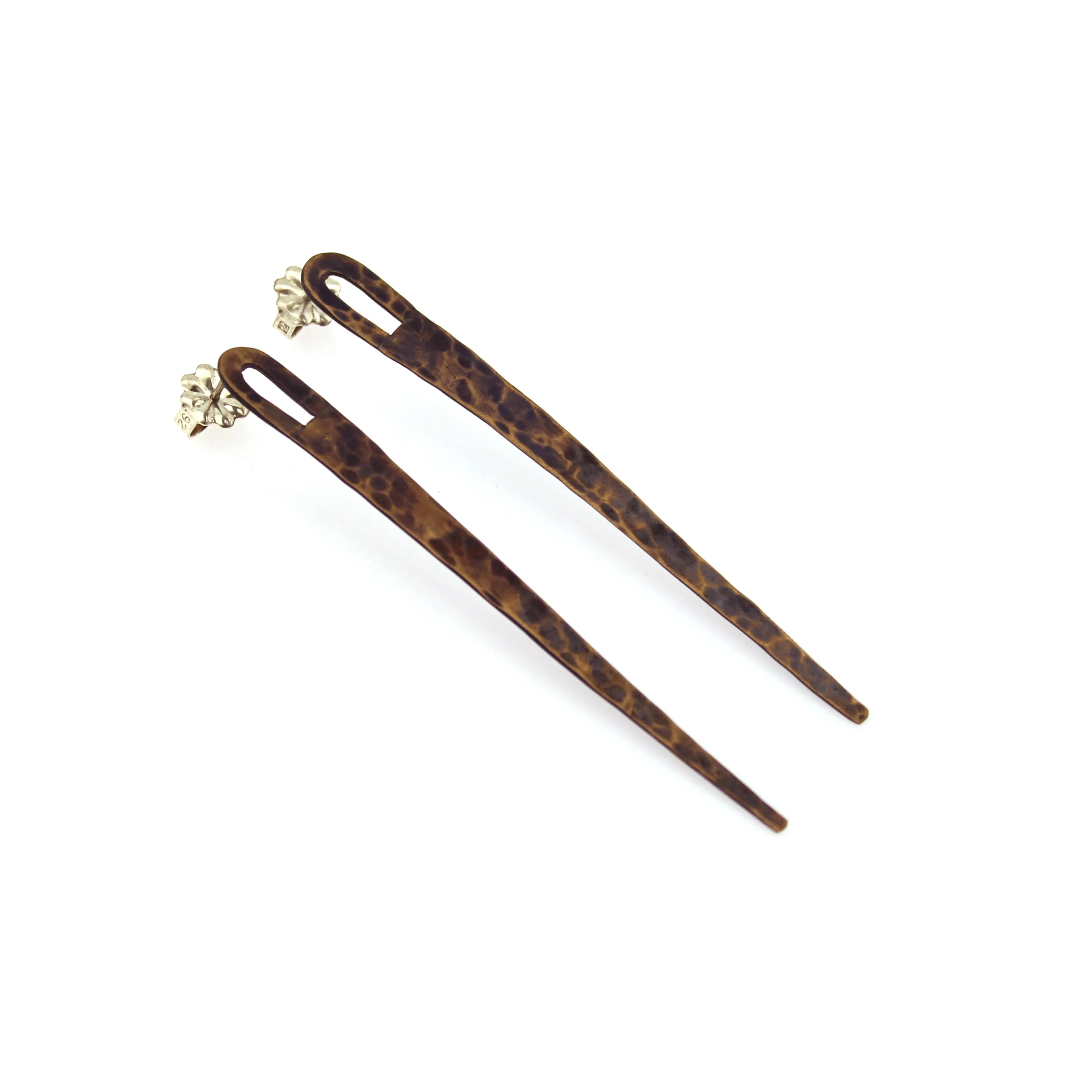 Long brass spike studs, hammered finish, tribal earrings